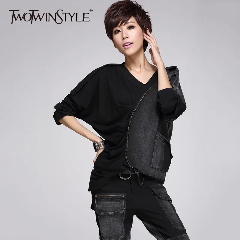 

TWOTWINSTYLE Irregular Pullover T Shirt V Neck Patchwork Zipper Pocket Batwing Sleeve T Shirts 2019 Spring Fashion Clothing