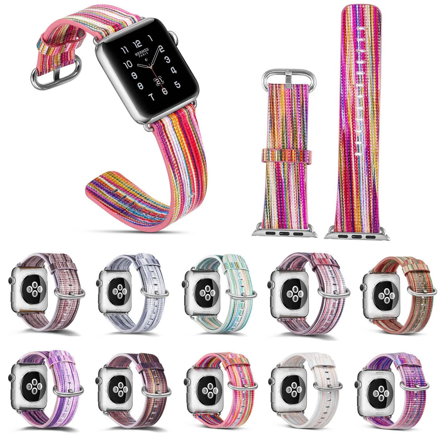 

Rainbow Striped Wristband for Apple Watch Strap Genuine Leather Band for iWatch Series 3 2 1 Colorful Printed Bracelet 42mm 38mm