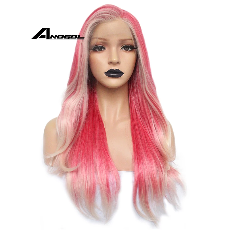 

Anogol High Temperature Fiber Long Natural Wave Pink Platinum Blonde Part side Synthetic Lace Front futura Fiber Wig For Women