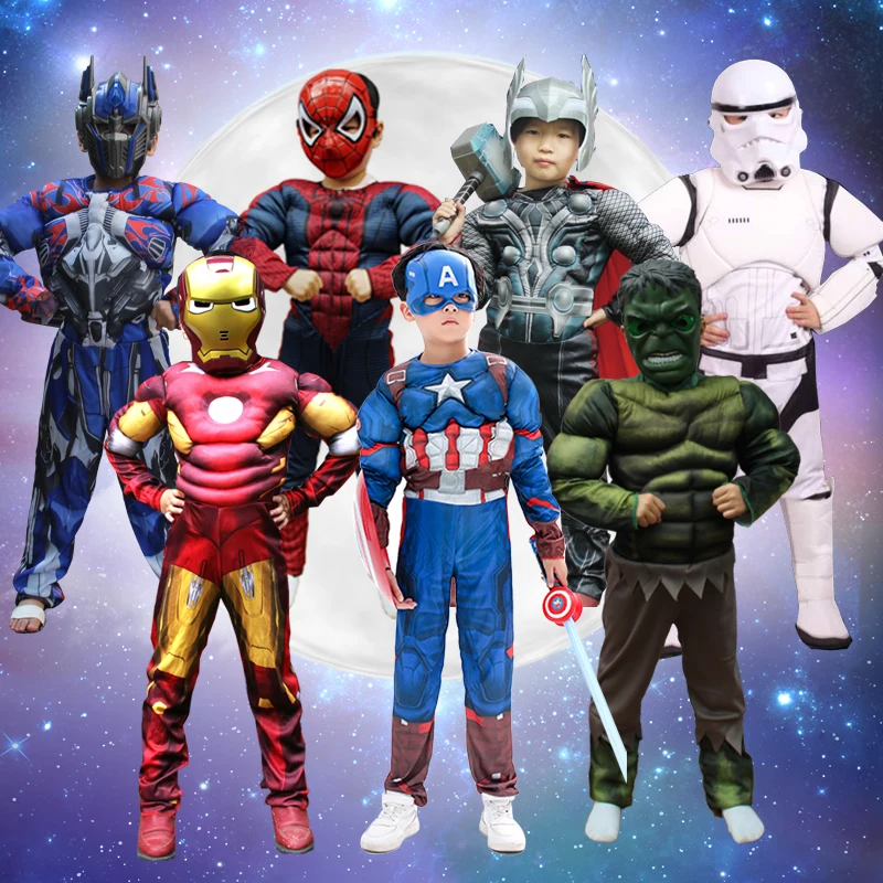 

halloween superhero avengers Boys Muscle Super Hero Captain America Costume SpiderMan Iron Man Hulk Cosplay for Kids Children