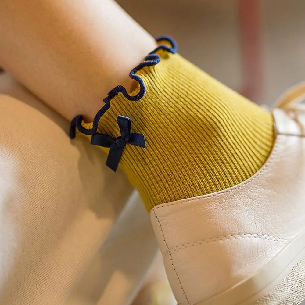 1 пара, милые дышащие женские носки в стиле ретро с оборками и бантом, короткие носки из мягкого хлопка с кружевным галстуком, летние носки