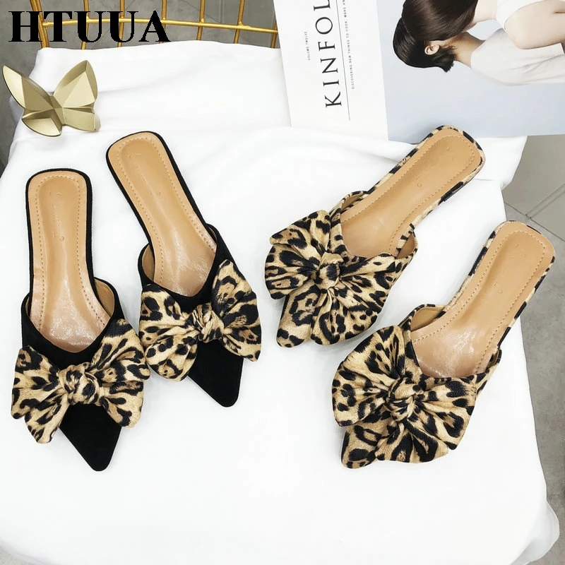 

HTUUA Brand Slippers Women Mules Shoes Ladies Outside Flats Slides Female Home Slipper Leopard Bow Pointed Slipper Woman SX3009