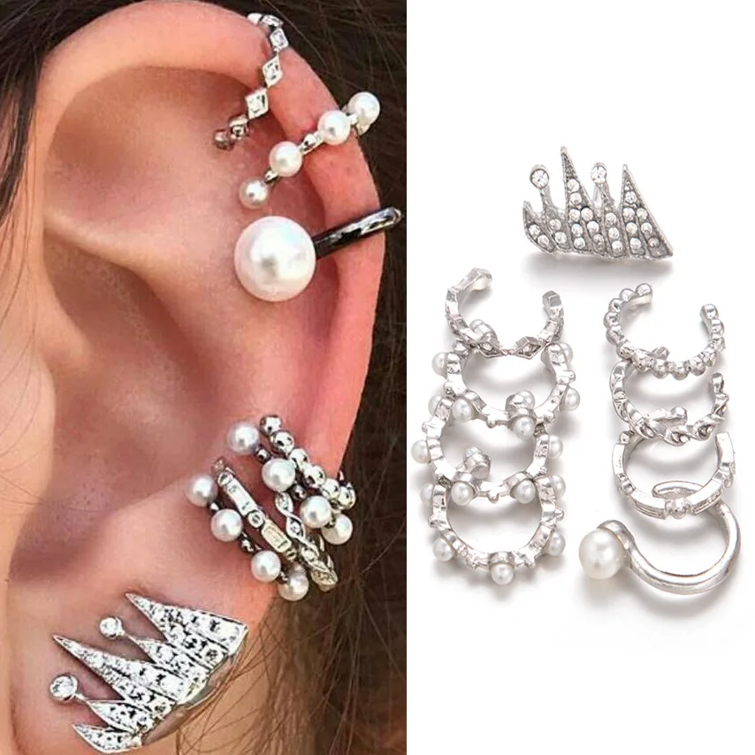 

SexeMara 9PCS Boho Ear Cuff Brincos Simulated Pearl Ear Clip Earrings Set Women Statement Bohemia Crystal Ear Cartilag Earrings