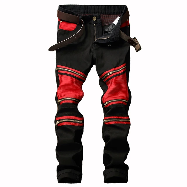Mens denim pants pleated jeans red black patchwork jeans skinny denim