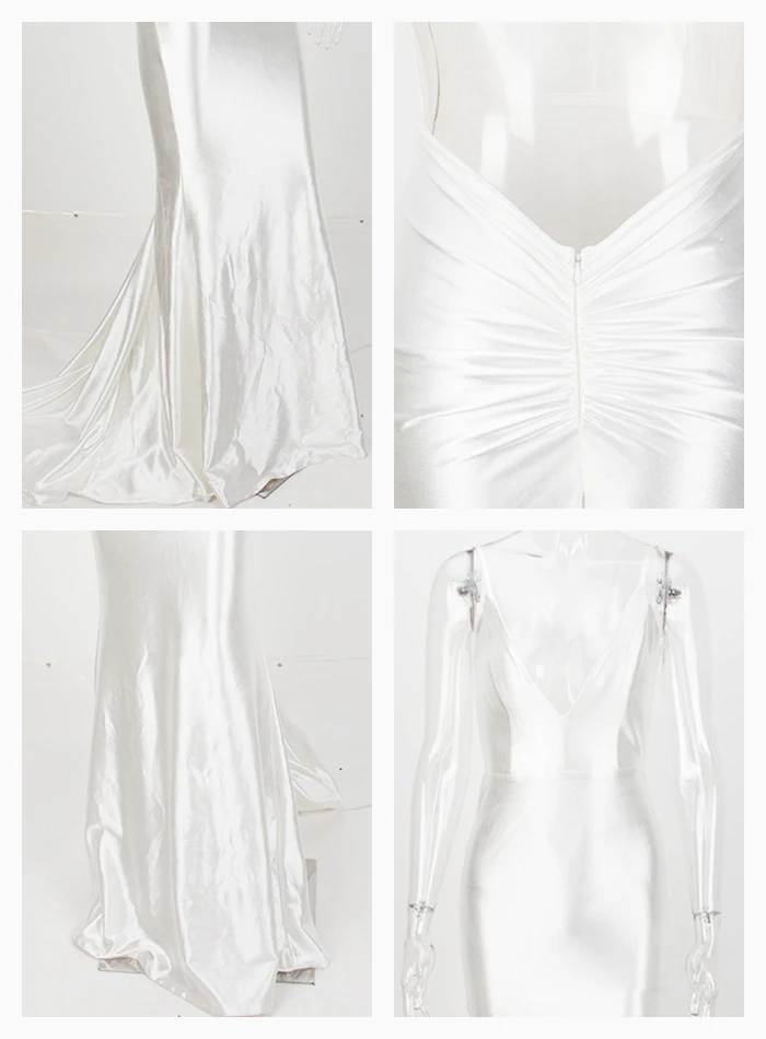 White Deep V-Neck Open Back Slim Flash Material Long Dress