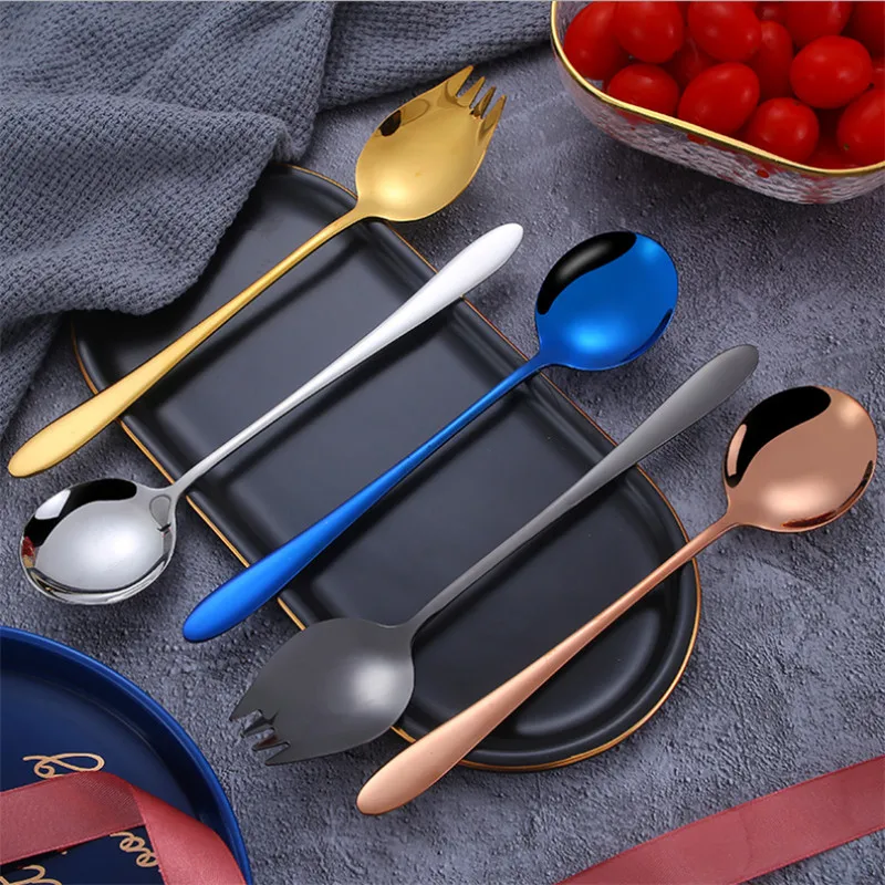 

1 pc Creative Design Kitchen Tableware Tools Stainless Steel Colorful Spoon Dessert Fork Spoon Noodles Salad Fruit Utensils