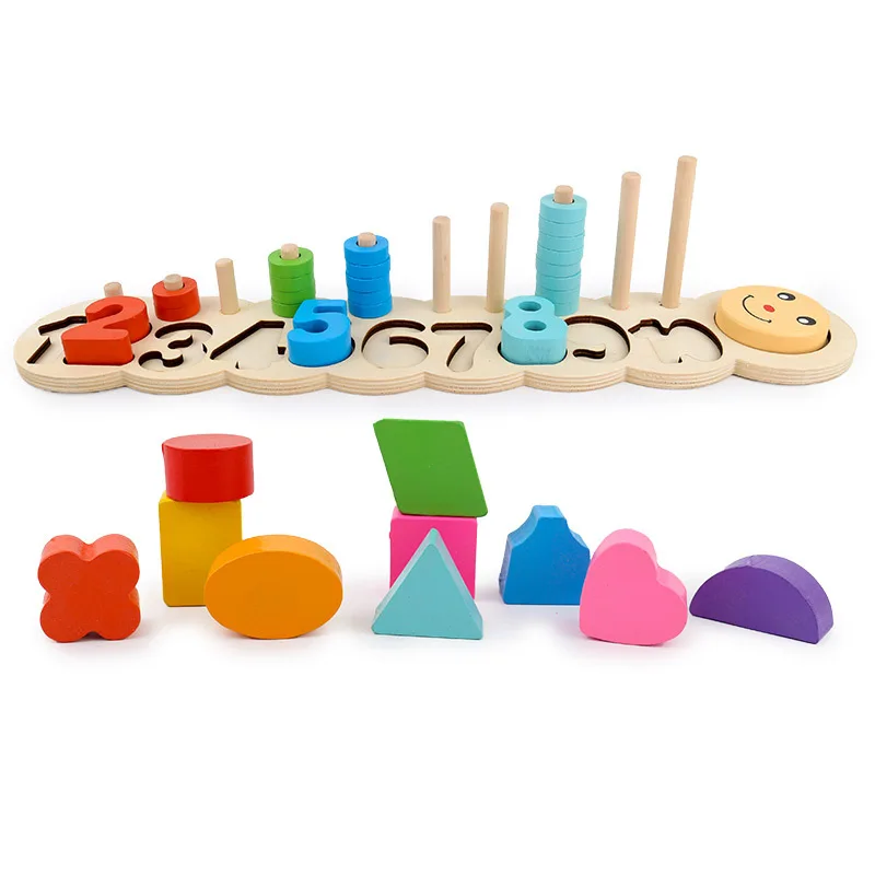  New Wooden Baby Toys Log Board of Caterpillar or Two- one Log artihmic Plate of Caterpillar Geometr