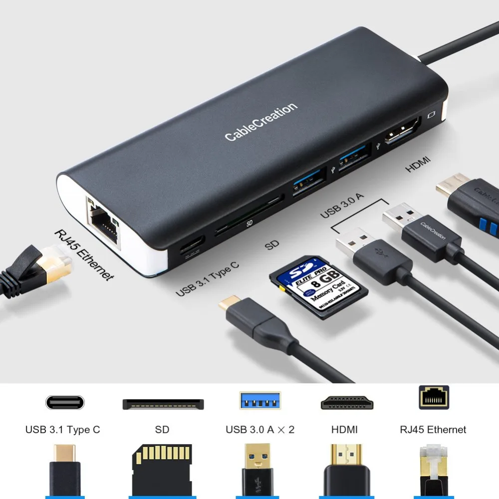 USB C концентратор, кабель C многопортовый 4K адаптер(Thunderbolt 3 совместимый), USB-C USB 3,0, HDMI, Ethernet, sd-карта