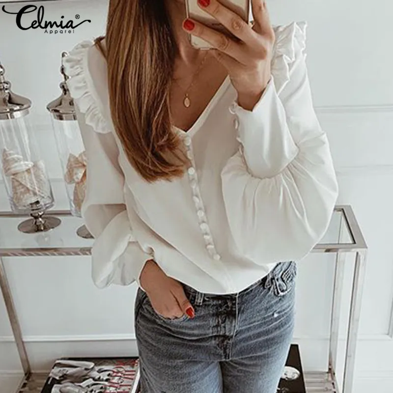 Autumn Women Shirts Blouses Celmia Sexy V Neck Long Sleeve Casual Solid Ruffled Tunic Top Button Plus Size Blusas Femininas