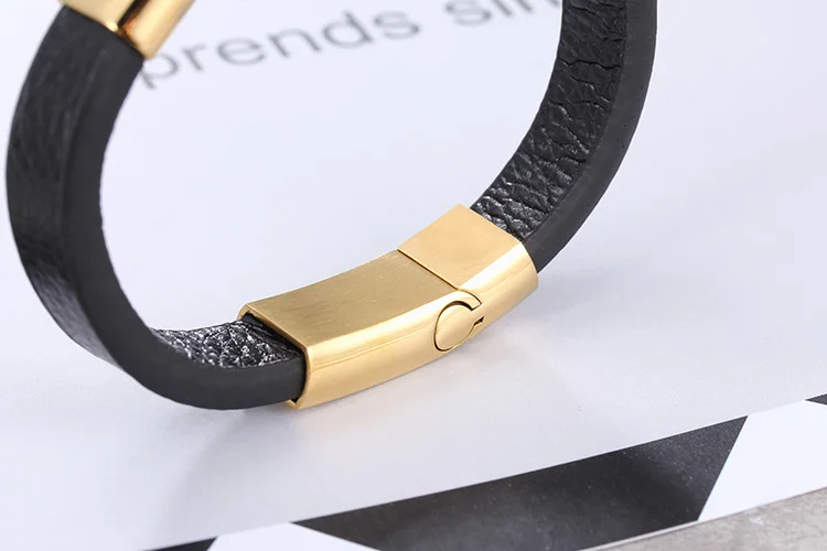 TrustyLan Genuine Black Leather Simple Wrap Men Bracelet Gold Color Steel Wristband Classic Mens Bracelets& Bangles Jewelry