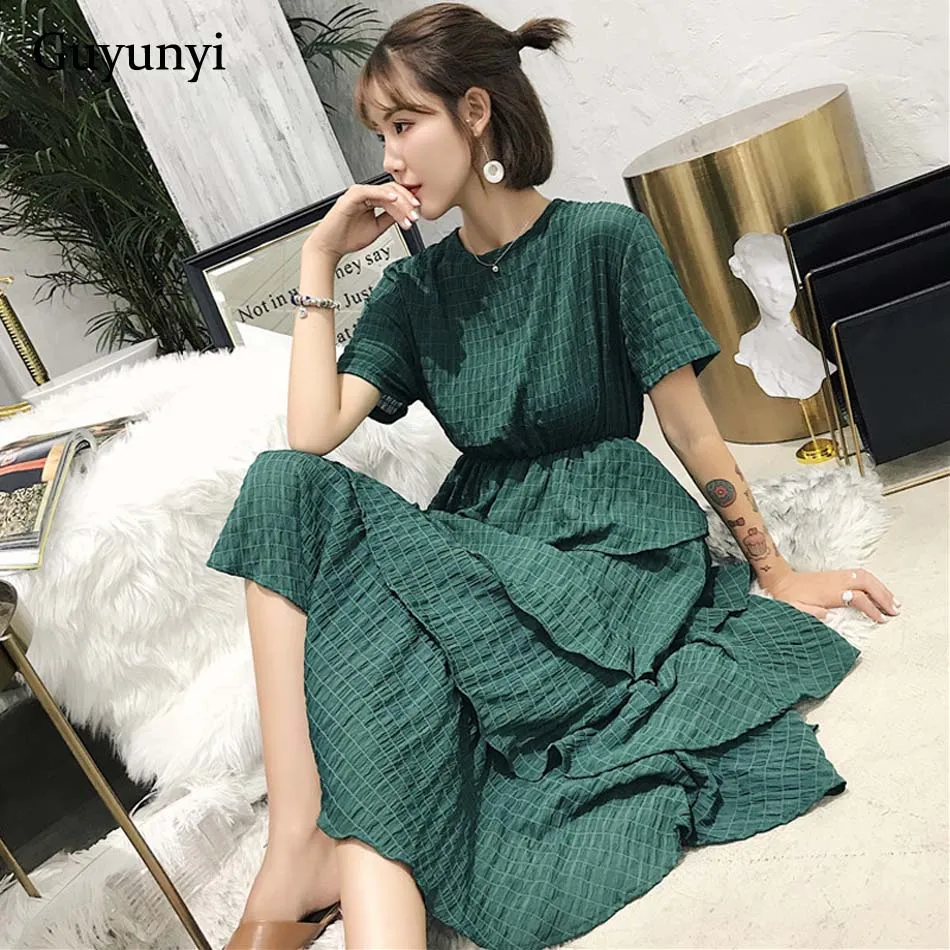 

Green High Street Dress 2019 Summer Short Sleeve O-Neck Loose Cascading Ruffle Decorative Belt Maxi Dress Women