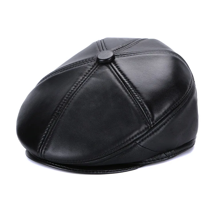 

100% Genuine Leather Visor Cap Elder Men Winter Peaked Cap Soft Leather Driving Trucker Hunting Caps Hats New Year Gift B-7141