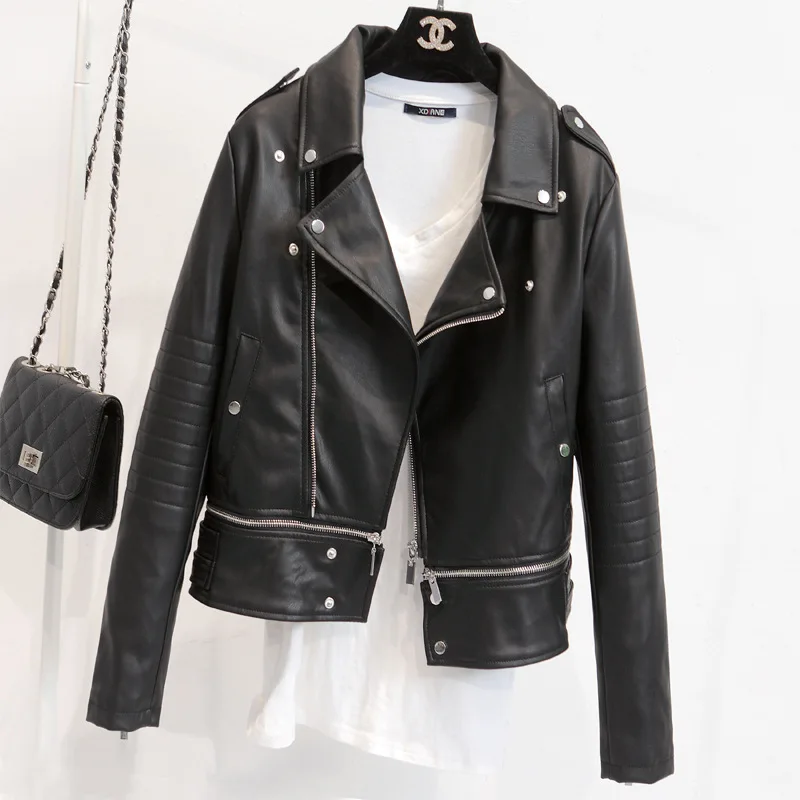 

SLP Wind 2018 New Short Washed Faux Leather Jacket Slim Female Motorcycle PU Leather Coats Rivet Long Sleeve Zipper Outwear