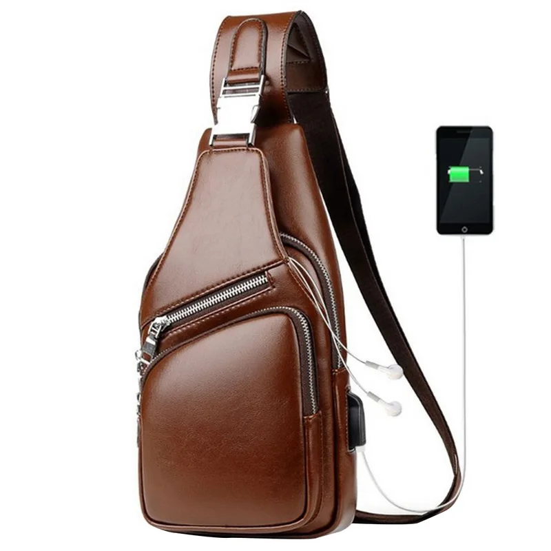 

Lammei Men's Crossbody Bags Men's USB Chest Bag Messenger bag Leather Shoulder Bags Diagonal Package Back Pack Travel