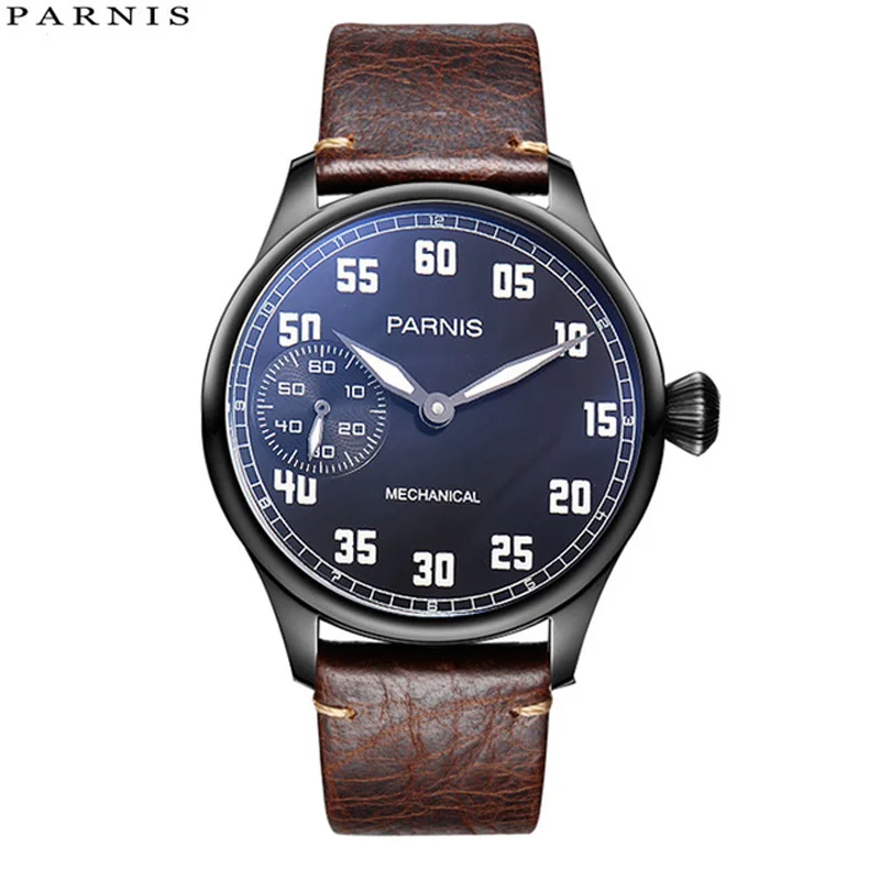 US $64.73 2018 Issue Casual Man Watch Mechanical Hand Winding Watch Leather 44mm Parnis Hand Wind Power Reserve Watch 17 Jewels