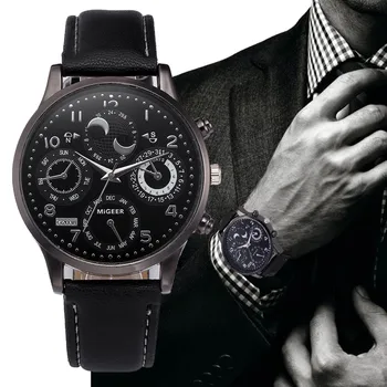 

Migeer Men Business Watches Retro Design Pu Leather Analog Quartz Watch Men Luxury Black Round Dial Wrist Watch #YL5