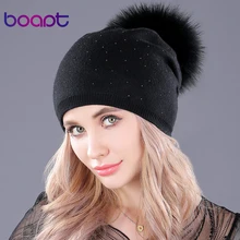 [boapt] мягкий кашемир вязаный толстый тепло зима шляпа черепа черепах натуральный енот мех шапка женский пол повседневная колпачки помпон головные уборы для женщины кепка
