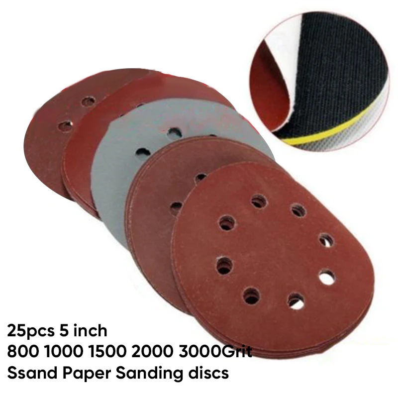 

12.4cm Diameter Kit Sanding Discs 25pcs/Set 5 Inch 800 1000 1500 2000 3000 Grit Sand Paper High quality 8 Holes