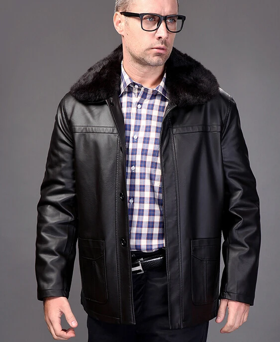 Rabbit fur collar thicken black man font b leather b font font b jacket b font