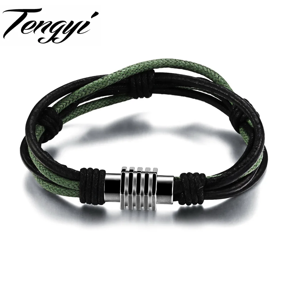 Trendy Luxury metal multilayer Leather Braided Rope Wristband men