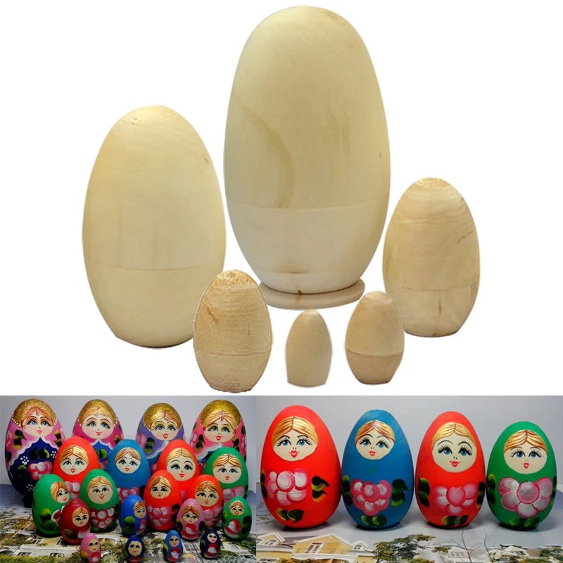 

6pcs/ Set Lovely Unpainted DIY Blank Wooden Embryos Russian Nesting Matryoshka Dolls Toys for Kids Children Gift @ZJF