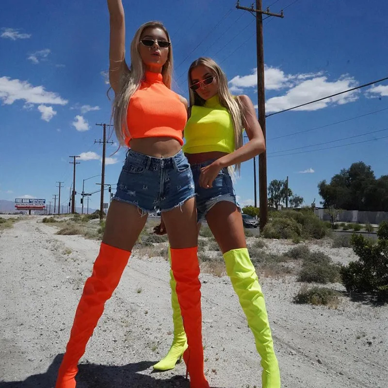 

2019 New Summer Short Tank Top Women Sexy Neon Green And Orange Crop Tops Ladies High Street Tops