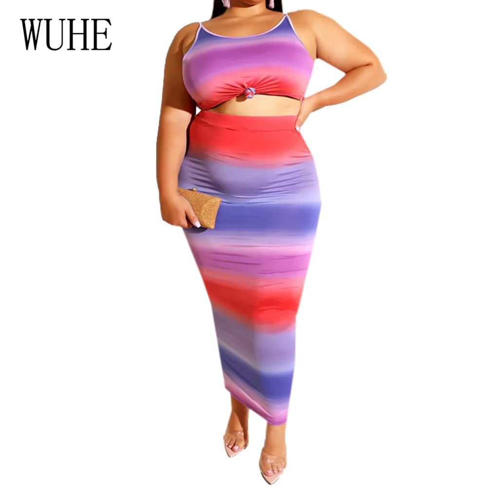 

WUHE Two Pieces Sets Summer Bodycon Printed Maxi Dress Large Size 4XL 5XL Sexy Sleeveless Big Size Women Casual Party Club Wear