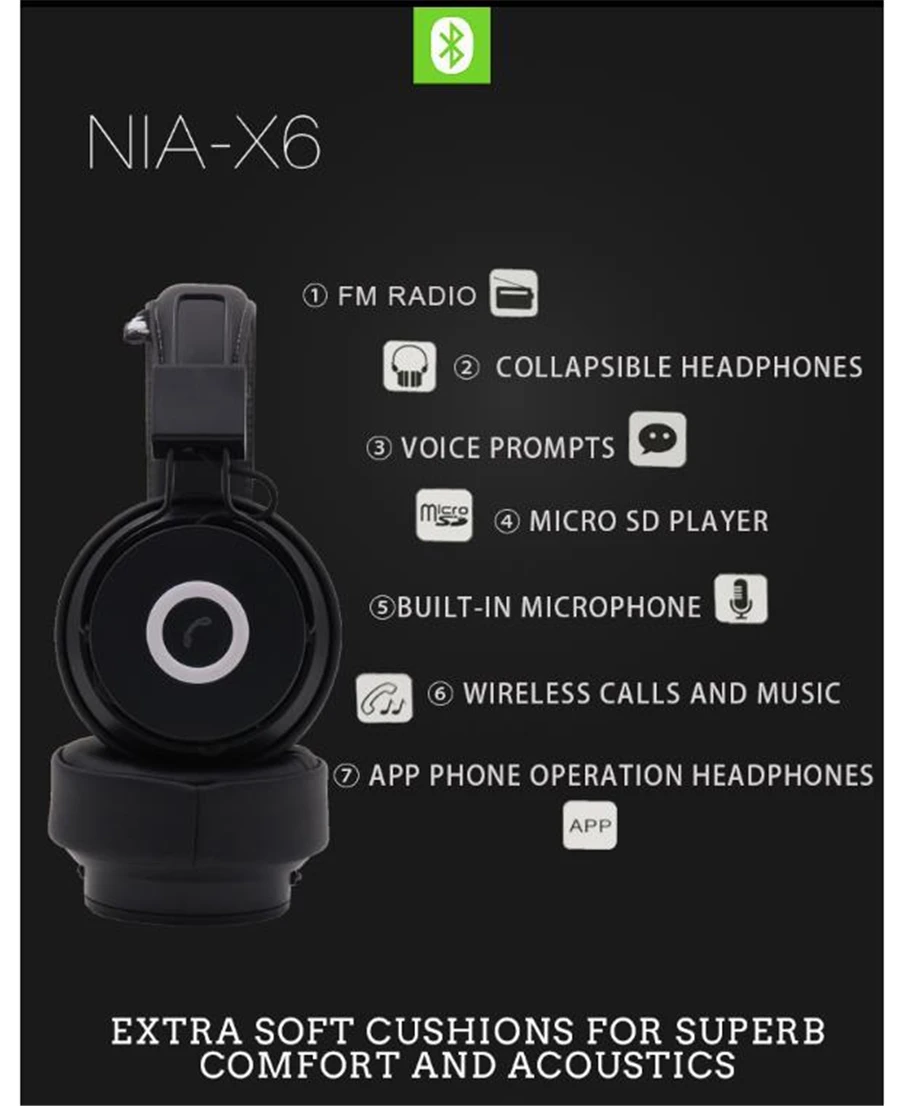 Оригинальные беспроводные bluetooth-наушники NIA X6 с микрофоном, стереогарнитура Bluetooth, поддержка карт TF, fm-радио, спортивные наушники, приложение