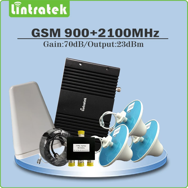 

Gain 70dB Cellphone Signal Repeater GSM 900MHz WCDMA 2100MHz Dual Band Signal Booster Full set with 3 Indoor Ceiling Antenna @82