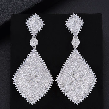 

62MM Trendy Geometry Rhombus Flower Shape Hollow Pierced Full Cubic Zirconia Dangle Earings Women Wedding Bridal Jewelry
