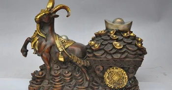 

china fengshui bronze gilt wealth money coin ingot sheep goat lucky rich statue
