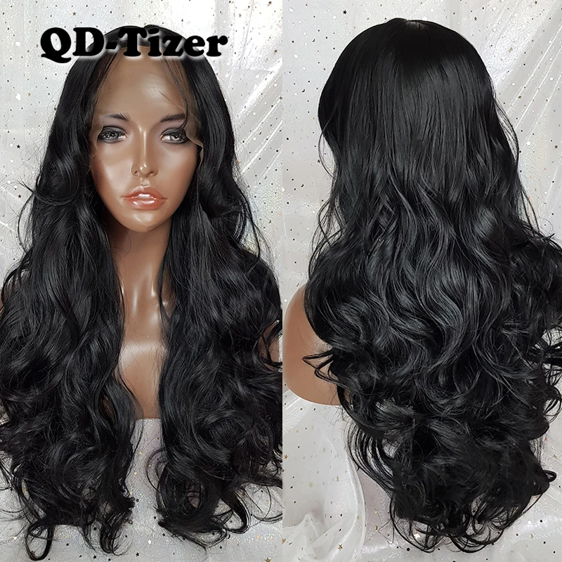 QD-Tizer волосы объемная волна черный цвет кружева передние парики натуральные с челкой длинные волнистые тела Синтетические Кружева передние парики для красивых женщин