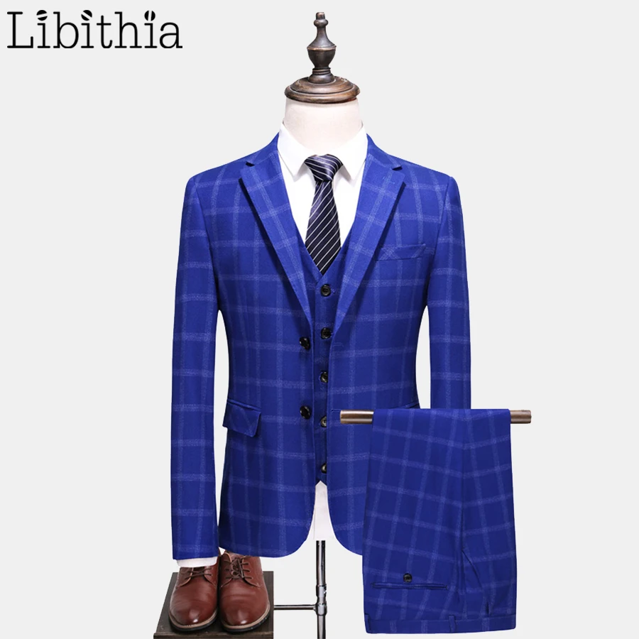 

Men Plaid Two Buttons Suits 3 Pieces High Quality Jacket Pant Vest Luxury Big Size Slim Suits S-5XL Royal Blue Clothes Male T130