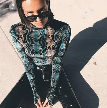 

Snake Skin Grain Print Bodysuit Women Tops Long Sleeve Autumn Winter Turtleneck Slim Bodysuits Rompers Womens Jumpsuit