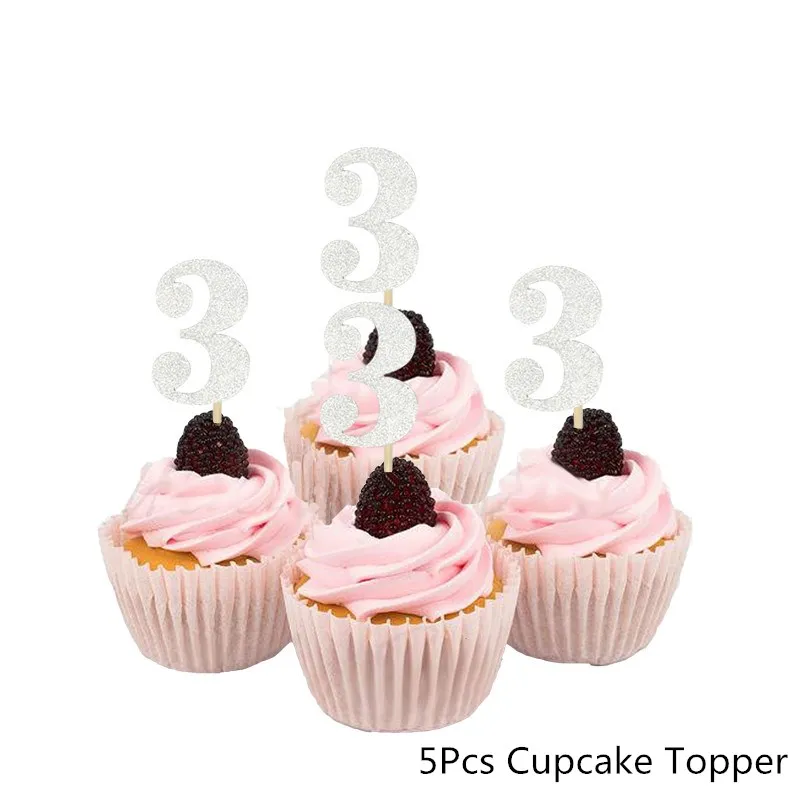 Chicinlife 3th День рождения украшение синий розовый 3 номер шар кекс Топпер мальчик девочка 3 года День рождения Partty поставки - Цвет: Silver