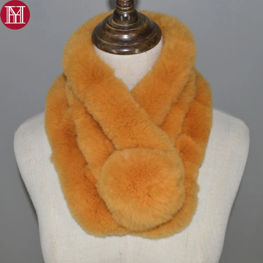 

2019 Real Rex Rabbit Fur Scarf Autumn And Winter Real fur Scarves Natural Rabbit Scarf With Ball Pele Scarves Rabbit Fur Rings