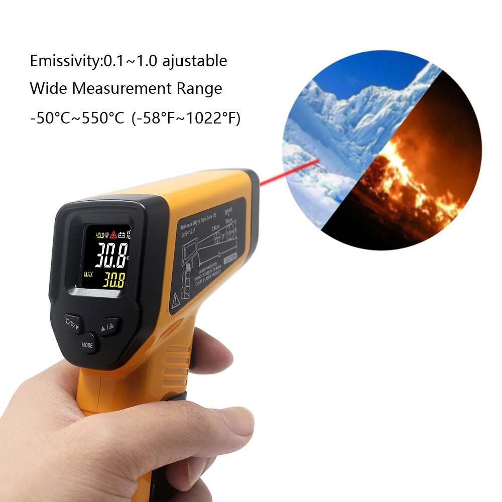 Цифровой инфракрасный термометр гигрометр лазерный измеритель температуры и влажности пистолет ЖК-пирометр 380C 550C 0,1-1,0 регулируемый