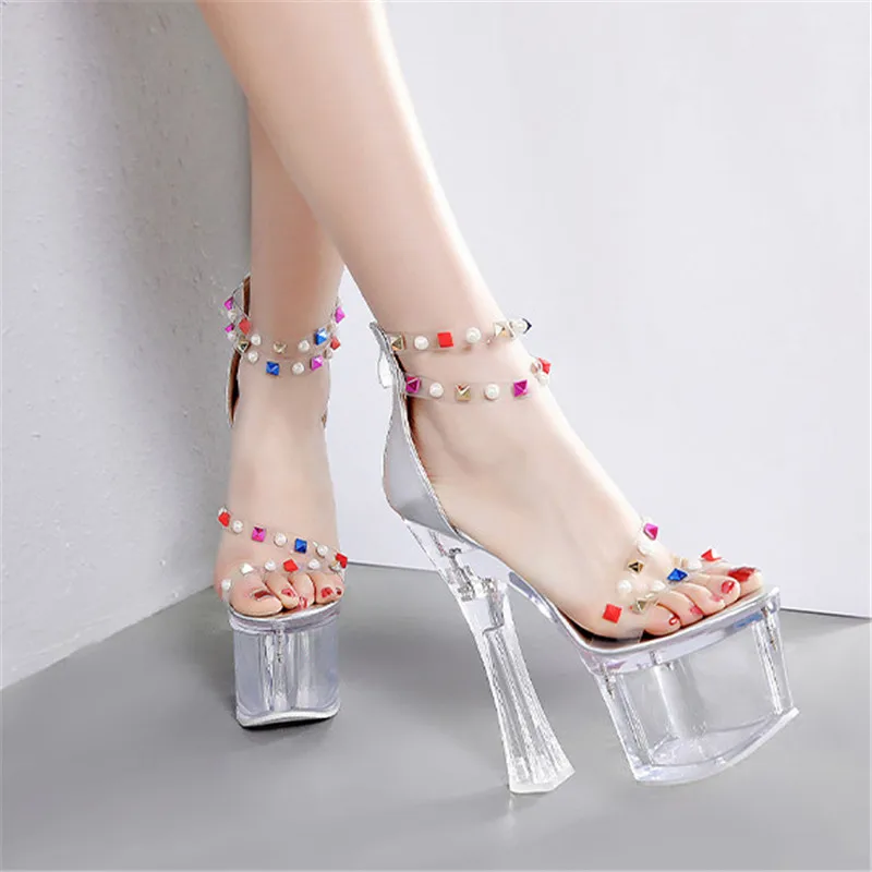 

Fashion Rivet Extremely High Heels Women Sandals Sexy Transparent Shoes Summer Women Pumps Clear Heel Ladies Shoes