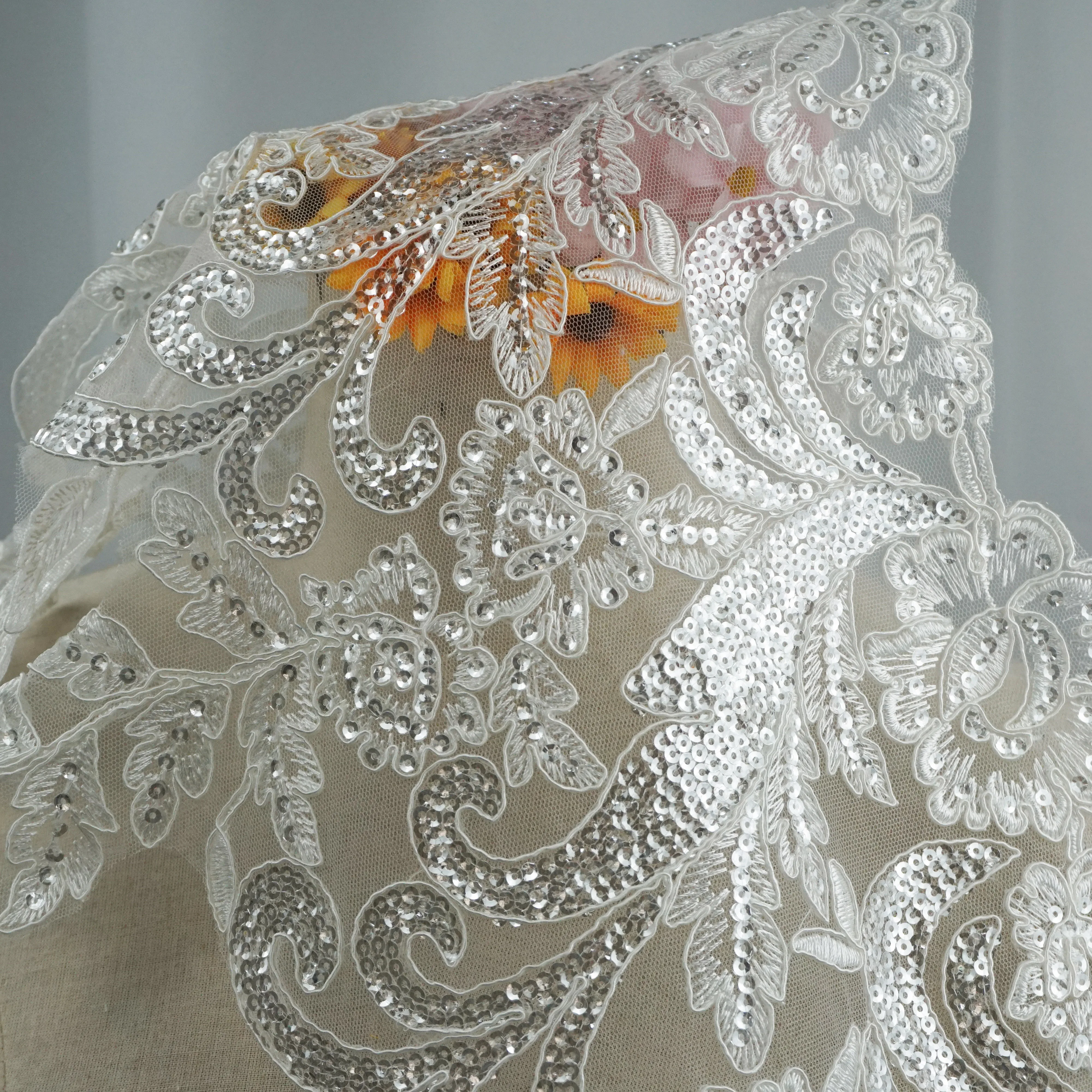 

5 yards Embroidered wedding lace sewing accessories Luxurious NEW Sequin lace trim in Ivory color