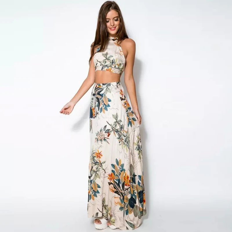 

Summer Women Sexy Halter Crop Top and Long Skirts Set Party Maxi Clothes sets Backless Bandage Flower Sleeveless Dress Vestidos