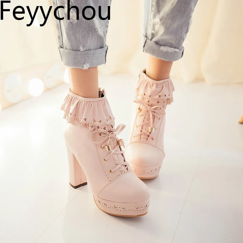 

Women Boots Sweet Lolita Ankle Boots The Side of The Lotus Leaf Hollow Out Boots Waterproof High-heeled Woman Short Boots 34-48