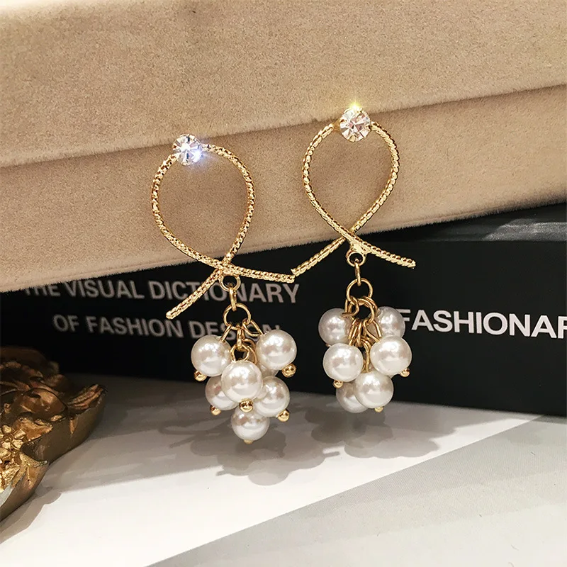 

925 Silver needle pearl earrings female Korean long fashion pop ear earrings crystal earrings