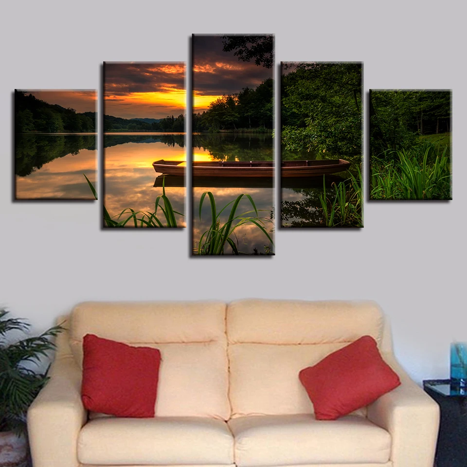 

Modular Canvas Pictures HD Printed 5 Pieces Ship Lake Mountain Natural Sunset Scenery Poster Painting Wall Art Decor Living Room