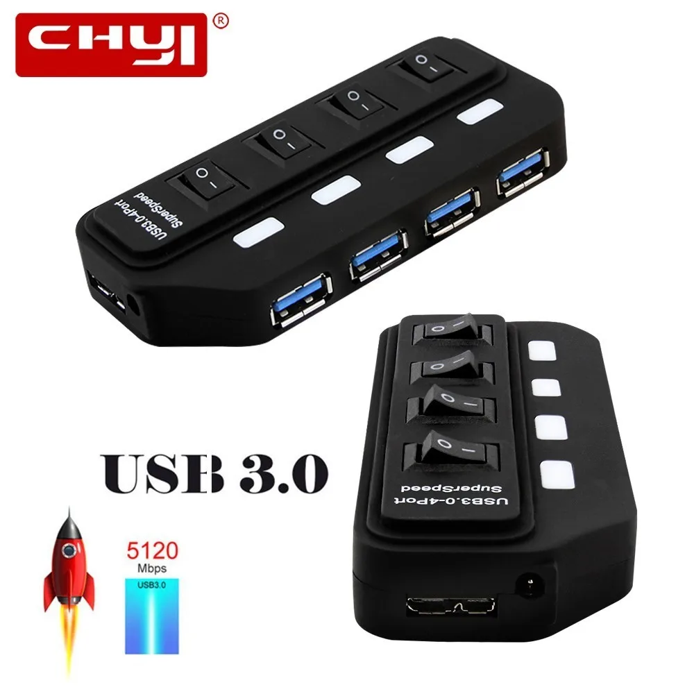 USB chyi 3,0 концентратор USB-A до 4 Порты и разъёмы USB3.0 с светодиодный на переключатель включения/выключения Экстра DC 5 V Питание USB разветвитель адаптер для ПК Мышь планшет