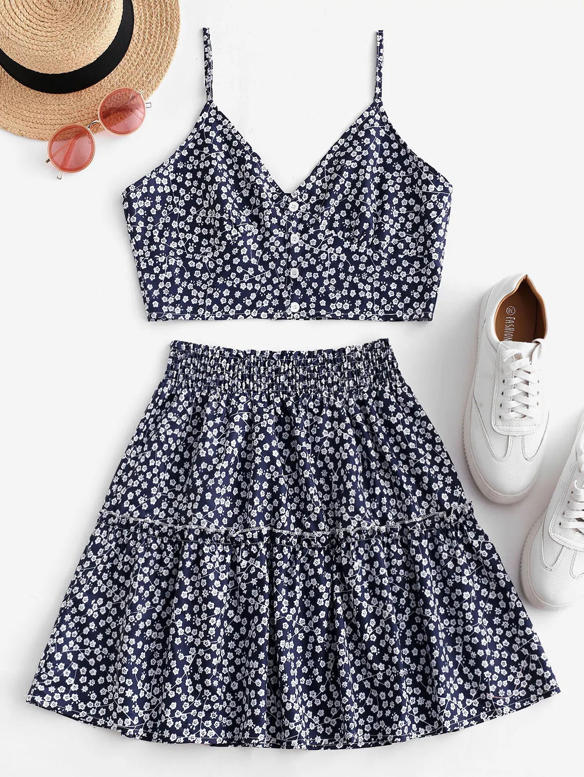 ZAFUL Комплект модной юбки с цветочным принтом на пуговицах, юбка на тонких бретельках, винтажный комплект из 2 предметов, укороченный топ, юбка с высокой талией, уличная одежда