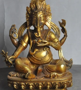 

8" Old Tibet Buddhism Bronze Gilt 4 Arms Ganesha Elephant Jambhala Buddha Statue