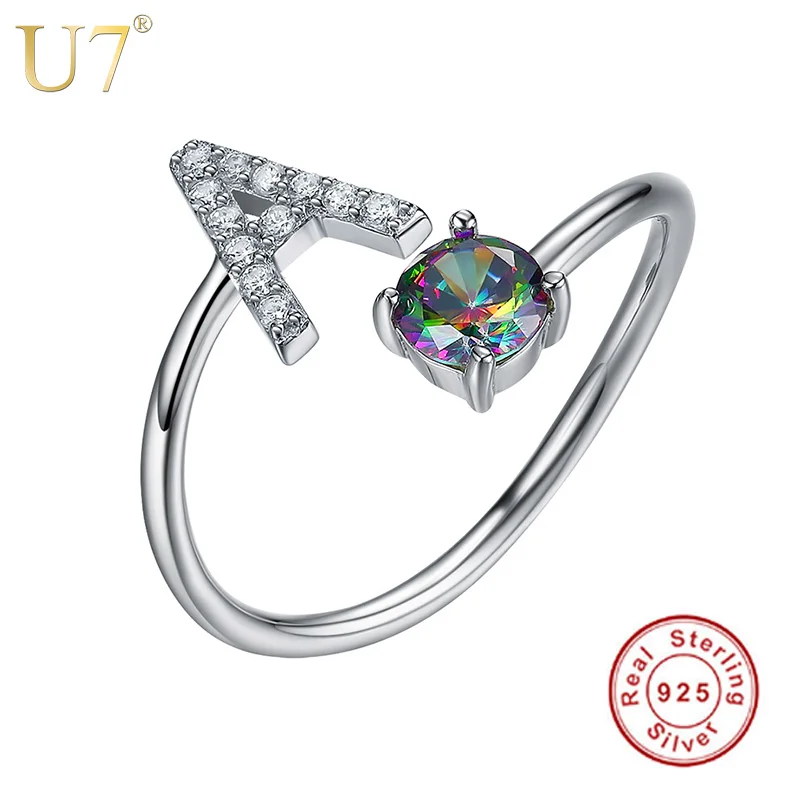 Beste U7 925 Sterling Zilveren Ringen Verstelbare Beginletter Luxe Zirkoon Gepersonaliseerde Naam Sieraden Vrouwen Gift Valentijnsdag SC11