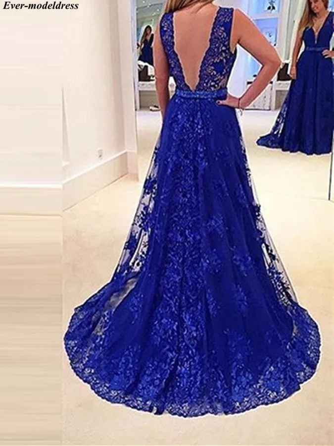 Королевский синий вечерние платья Кружева Глубокий v-образный вырез открытая спина развертки поезд ТРАПЕЦИЕВИДНОЕ длинное платье для выпускного Robe de soiree плюс размер на заказ