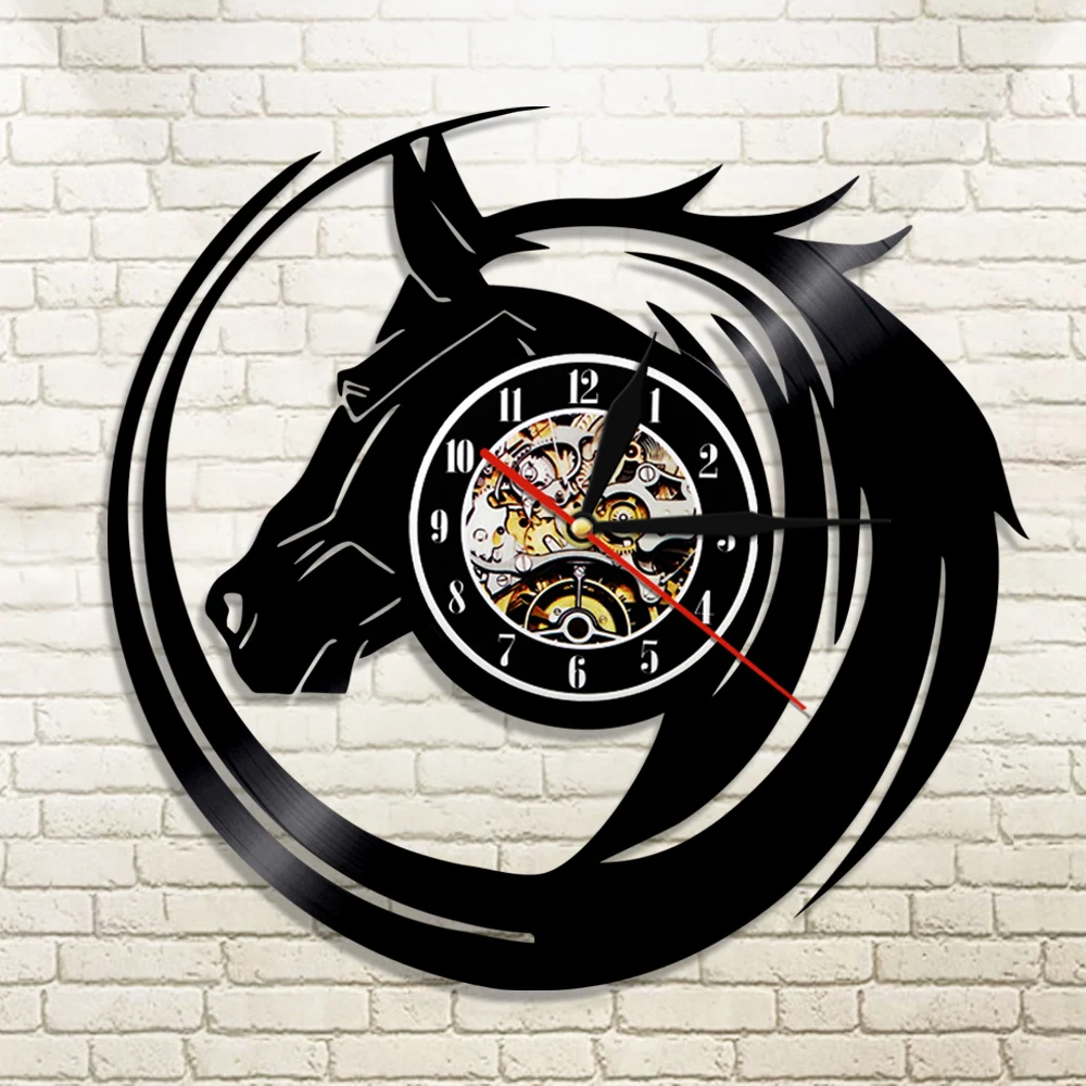 

Black Horse Wall clock Made From Vinyl Records Modern Design Wall Home Decor Vintage Gift Ideas For Wildlife Animals Horse Lover