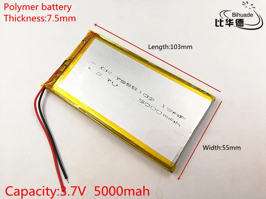 10 шт/партия 7555103 3,7 V 5000 mAh литий-полимерная аккумуляторная батарея для gps